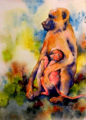 Baboon Mama and Baby, watercolor Baboon Mama & Baby