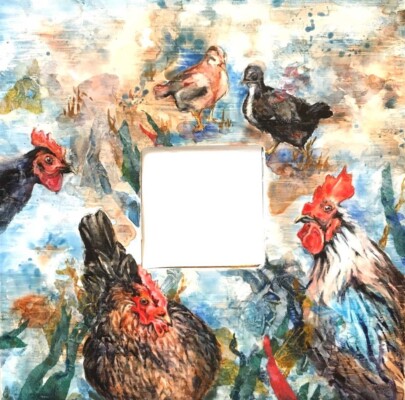 Chickens and Rooster on mirror, mixed media, 2017 chicken mirror, mixed media, 2017