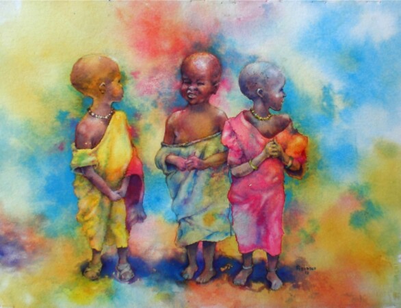 Little Girls of Masai, watercolor Little Girls of Masai
