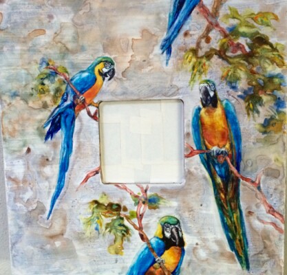 macaws, mixed media on mirror
